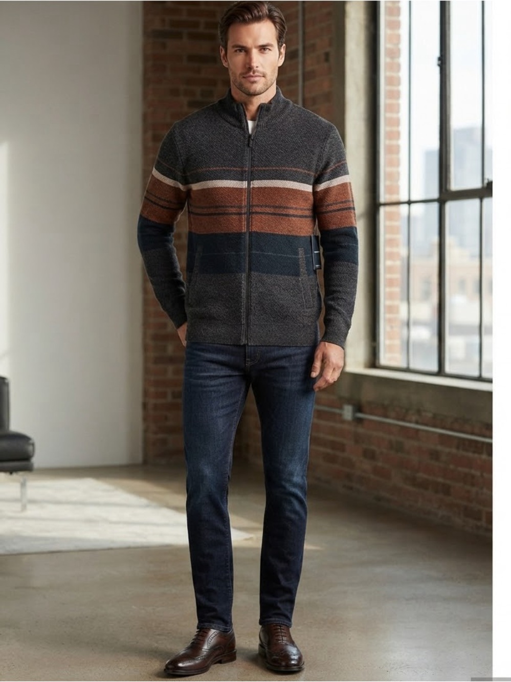 Six Lincoln Men's Striped Full-Zip Sweater - Black, Brown, and Gray